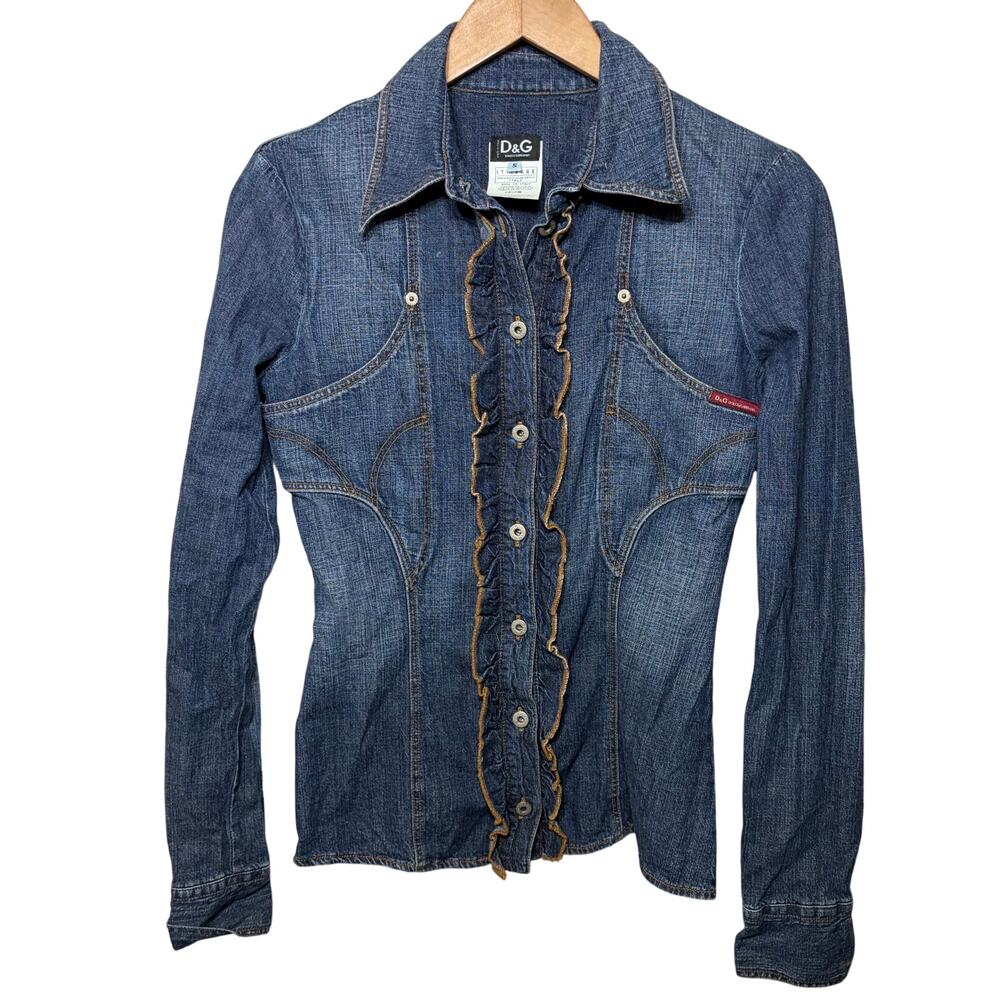 VTG D&G Dolce & Gabbana Shirt Blouse Denim Ruffle Button Up Country Western S